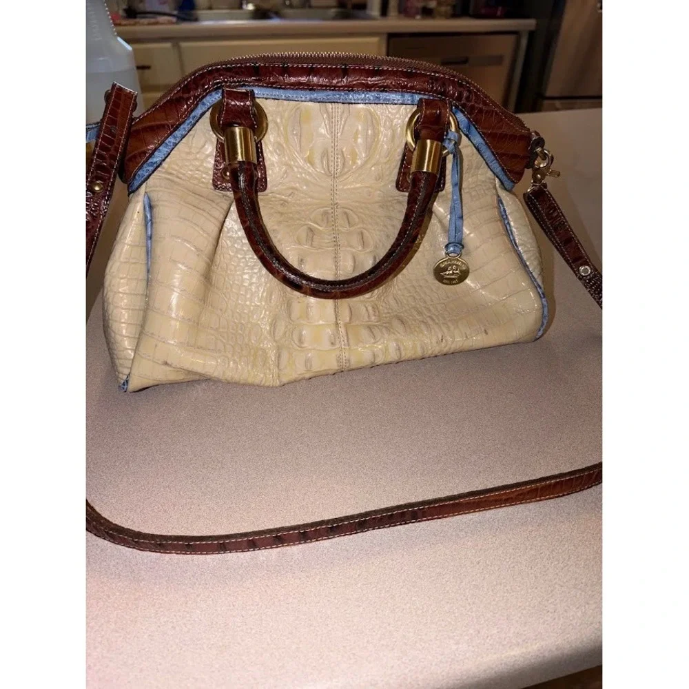 Brahmin Tri-Color Croc Embossed Leather Satchel Crossbody Bag Cream Brown Blue